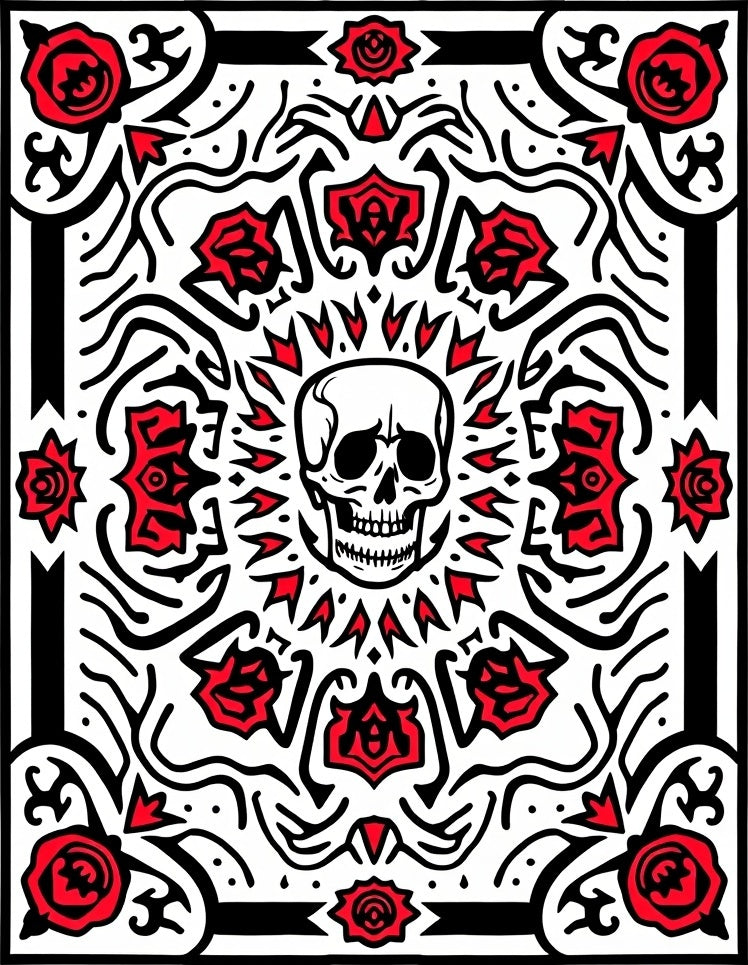 Macabre Skull Red Rose Symmetry Rug