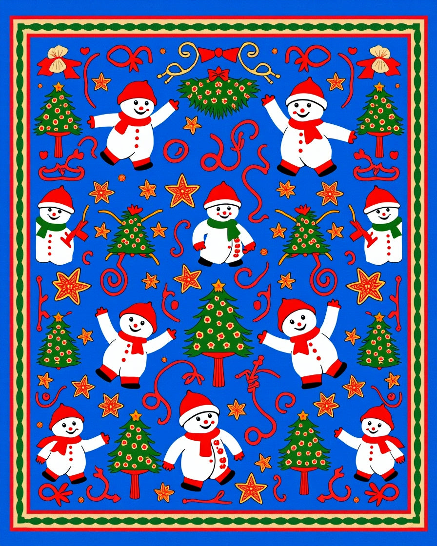 Festive Blue Snowman Christmas Tree Rag Rug