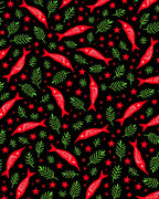 Red Fish Green Leaves Starry Black Rug