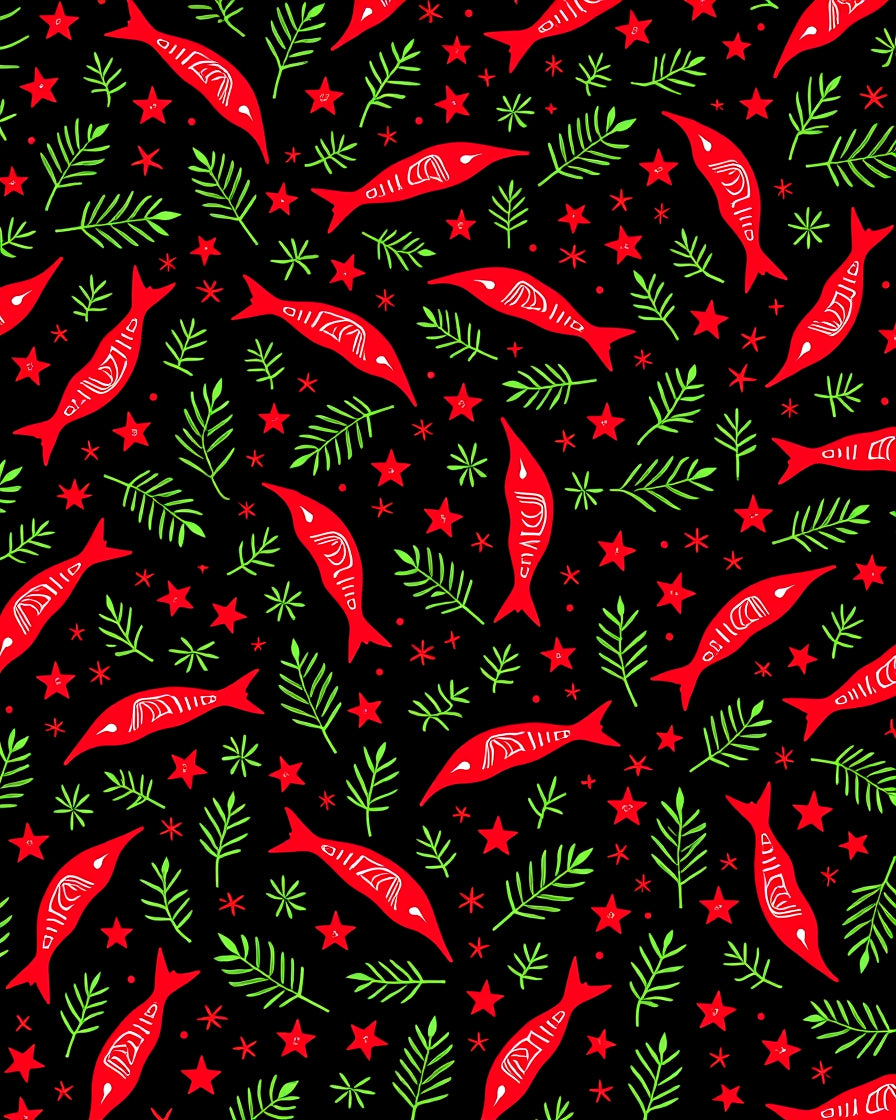 Red Fish Green Leaves Starry Black Rug