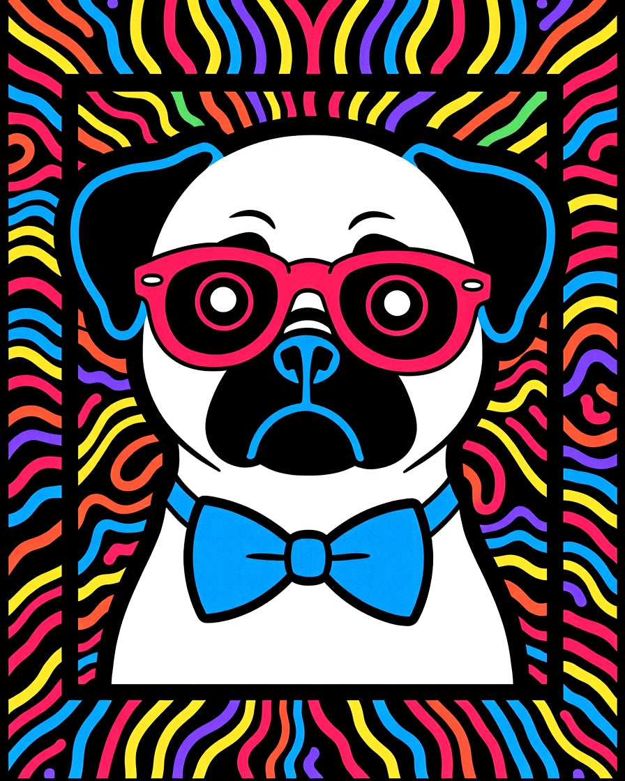 Vibrant Pug with Bowtie and Glasses Rug