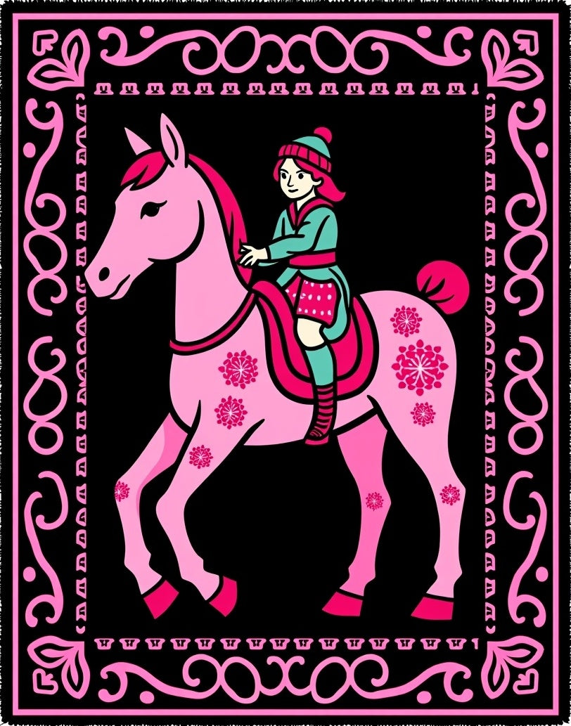 Pink Horse Rider Folk Art Rug