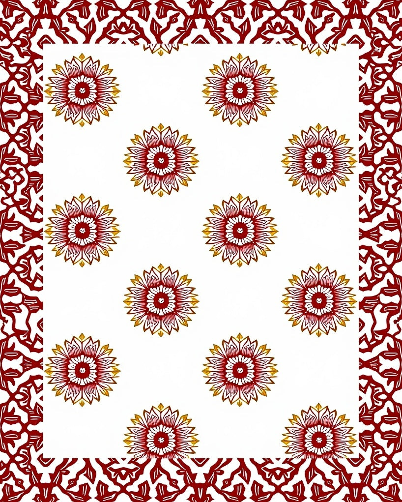 Red Gold Sunburst Border Accents Rug