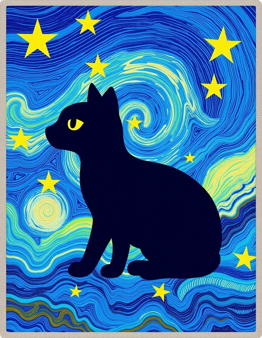 Black Cat Starry Night Swirl Rug