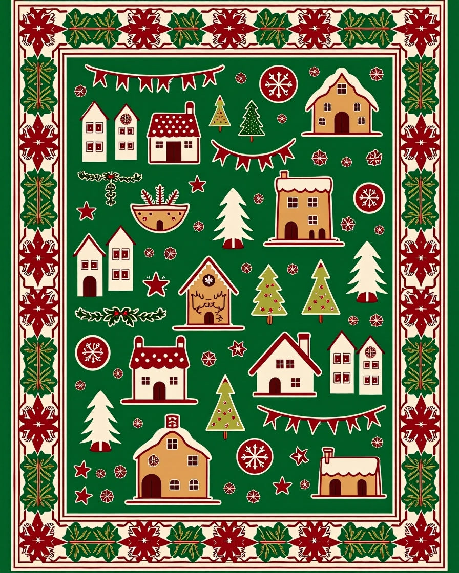 Christmas Village Houses Gingerbread Trees and Snowflakes Rug