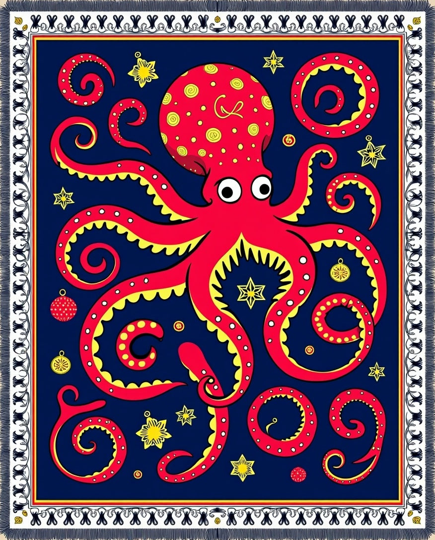 Vibrant Red Octopus Starry Navy Rug