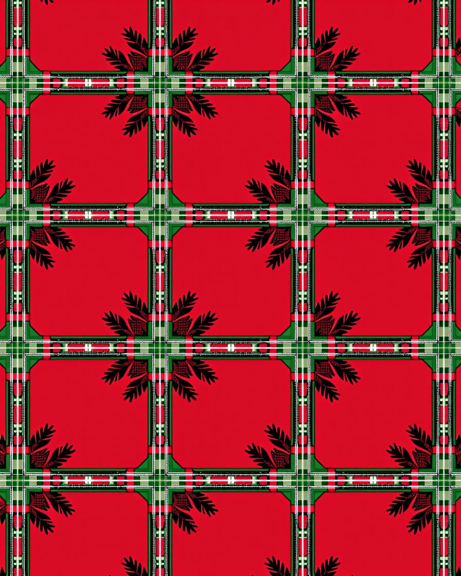 Rich Red Plaid Fern Squares Rug