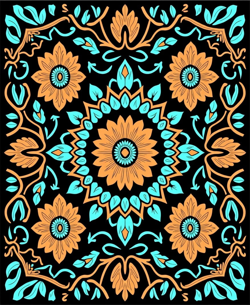 Orange Teal Sunflower Mandala Rug