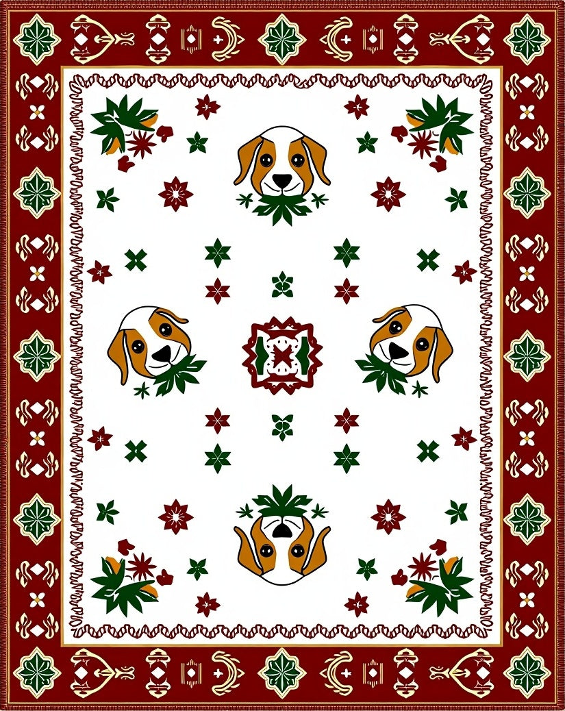 Red White Dog Floral Medallion Rug