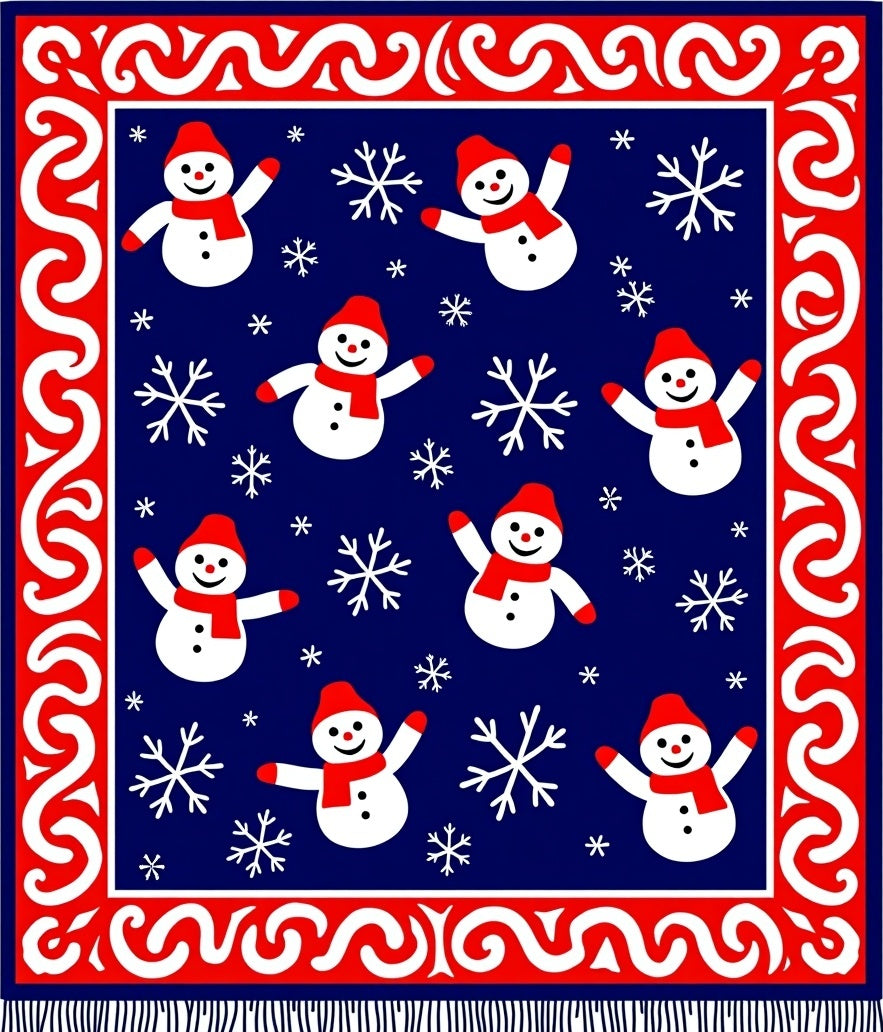 Charming Blue Snowman Snowflake Border Rug