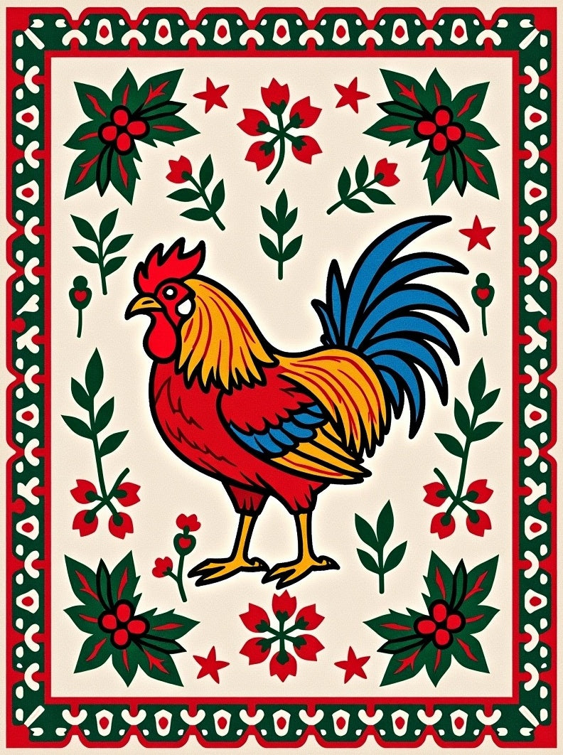 Vibrant Rooster Folk Art Rug