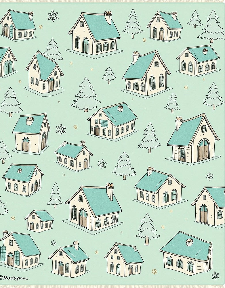 Winter Village Teal Roof Houses Rug