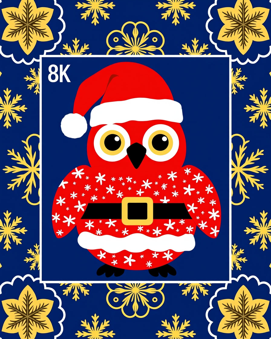 Red Santa Owl Blue Snowflake Border Rug