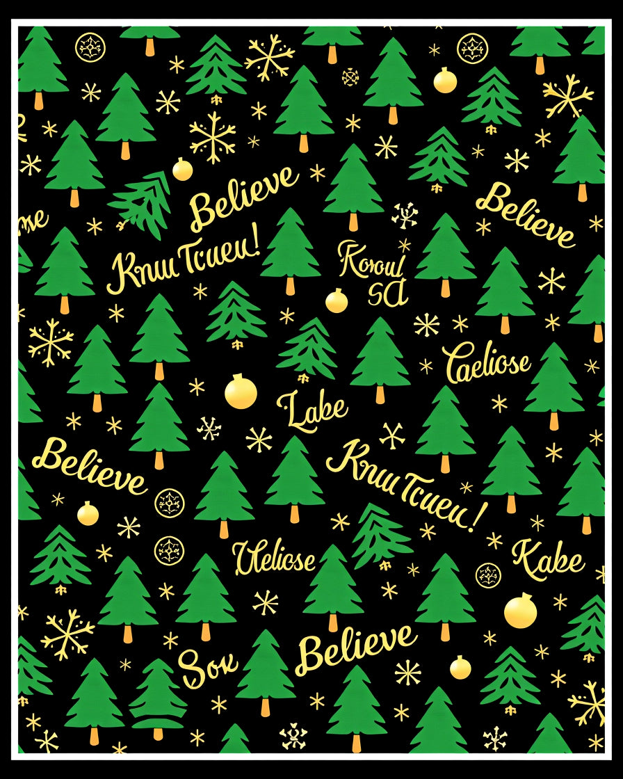 Green Christmas Trees Golden Snowflakes Rug