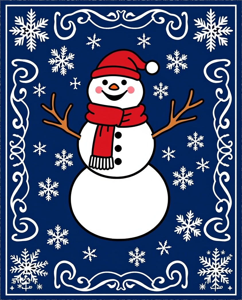 Charming Snowman With Snowflakes Border Rug