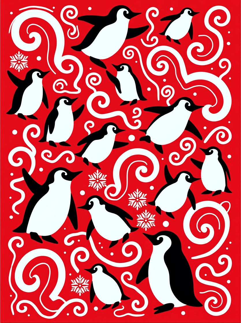 Playful Red Penguin Swirl Holiday Rug