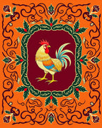 Vibrant Crimson Rooster Floral Scroll Rug