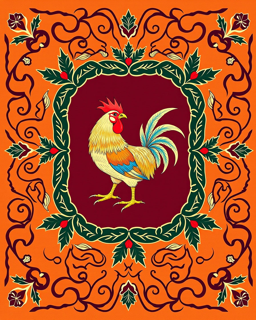 Vibrant Crimson Rooster Floral Scroll Rug