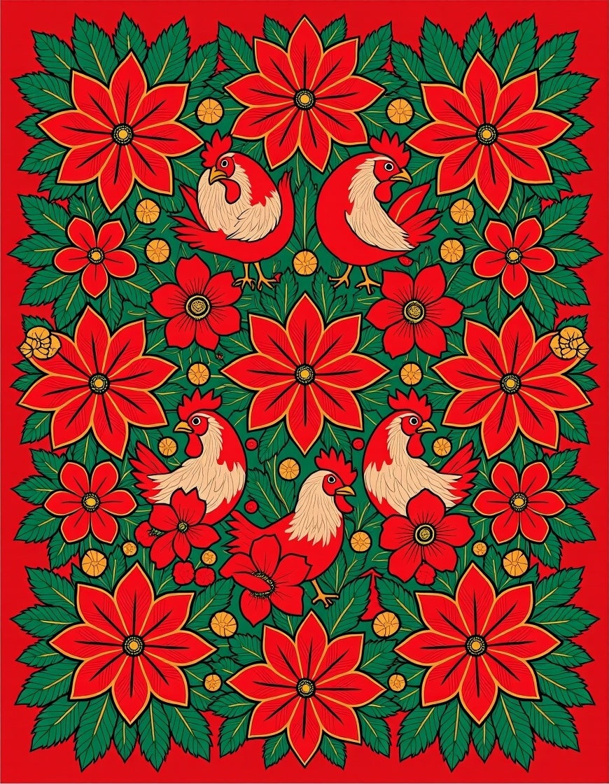 Vintage Red Floral Rooster Arrangement Rug