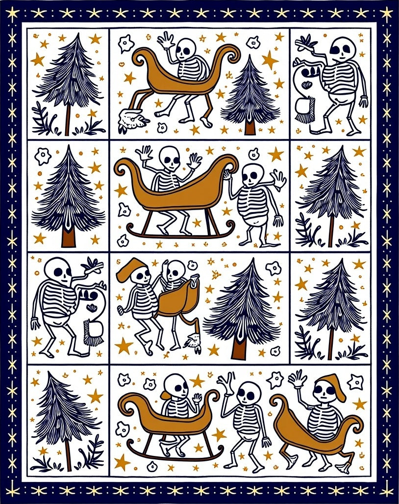 Whimsical Skeleton Sleigh Ride Navy Rug