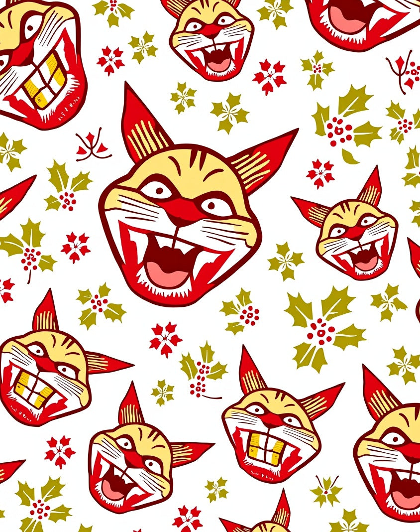 Fierce Tiger Faces Red Holly Accents Rug