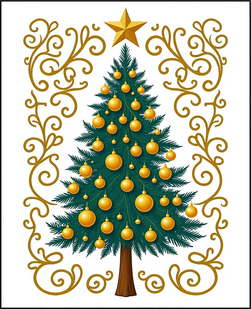 Golden Star Christmas Tree Swirls Rug