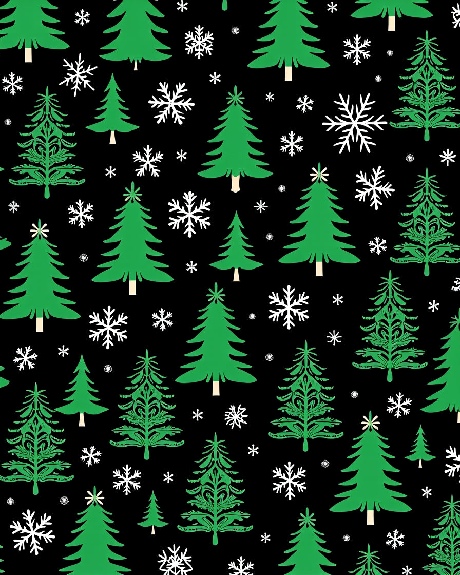 Green Christmas Trees White Snowflakes Black Rug
