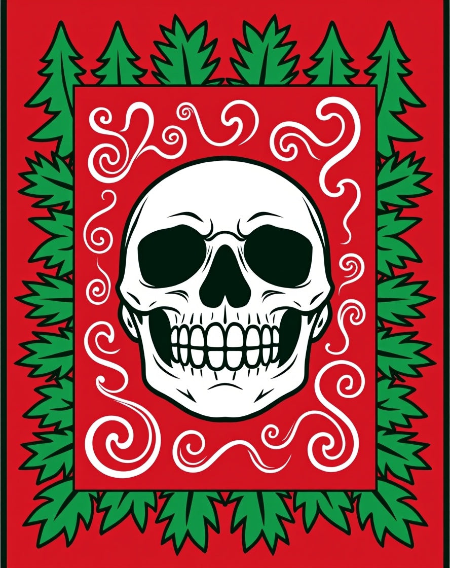 Vibrant Red Skull Foliage Swirl Icon Rug