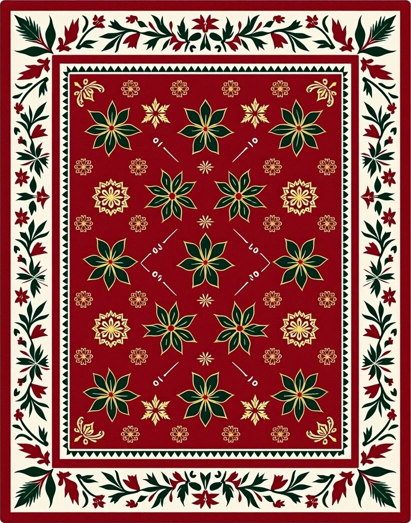 Red Green Gold Floral Medallion Border Rug