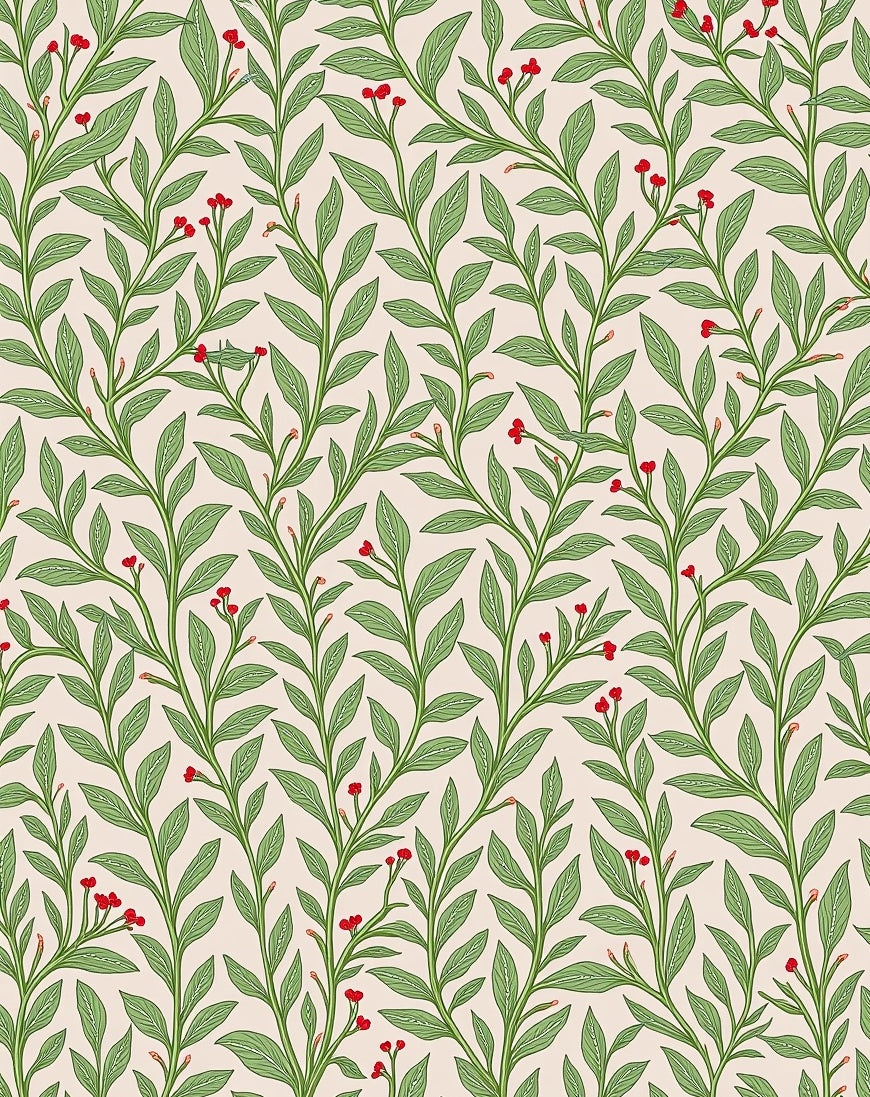 Green Leaf Red Berry Vine Rug