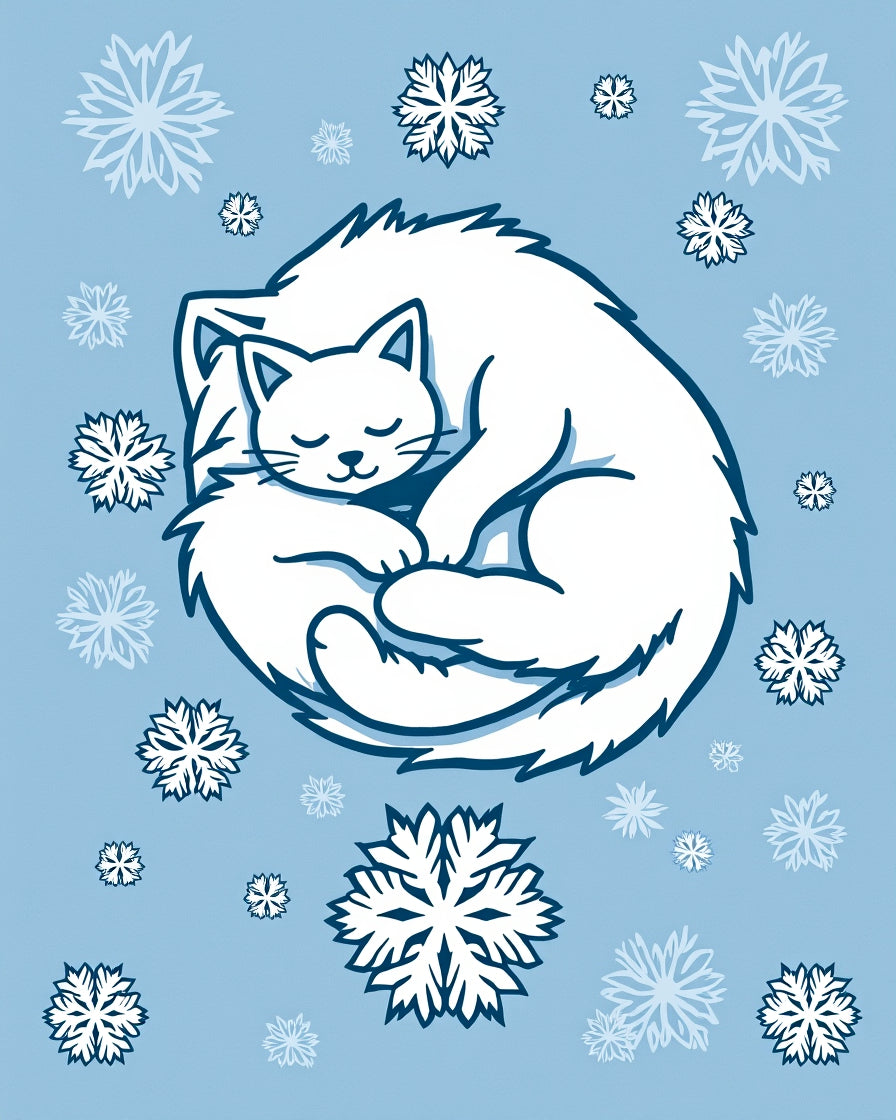 Whimsical White Cat Snowflake Circle Rug