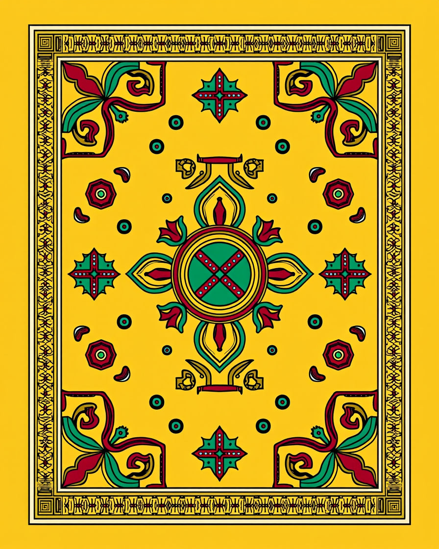 Golden Yellow Floral Motif Medallion Rug