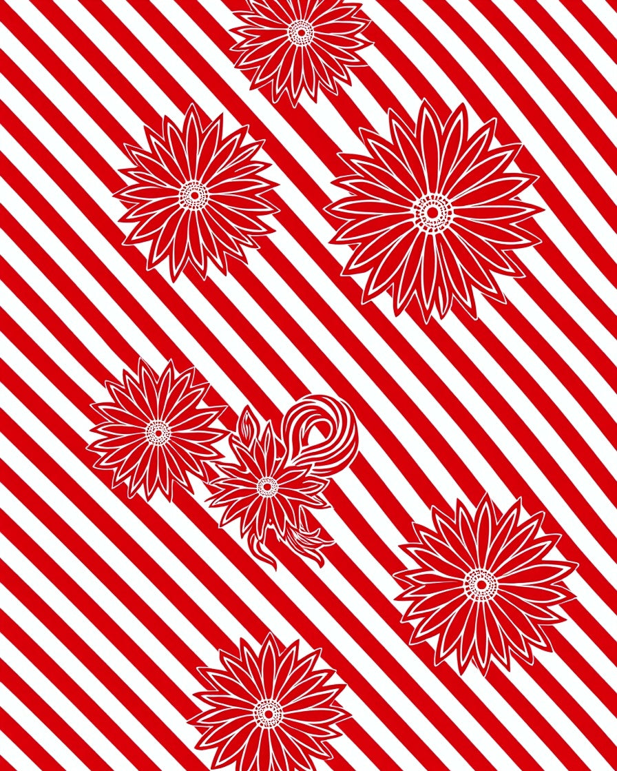 Red White Diagonal Stripes Floral Rug