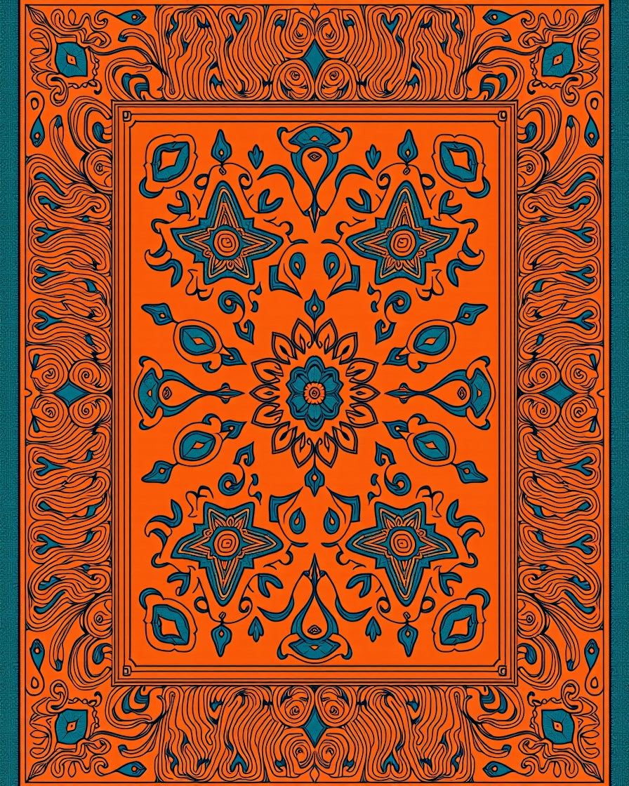 Orange Teal Floral Medallion Border Rug