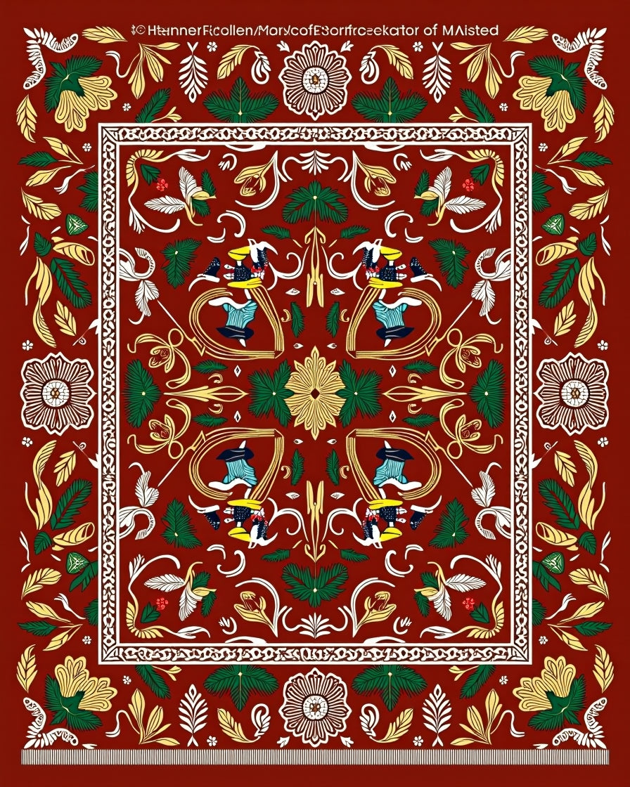 Rich Red Folkloric Bird Swirl Rug