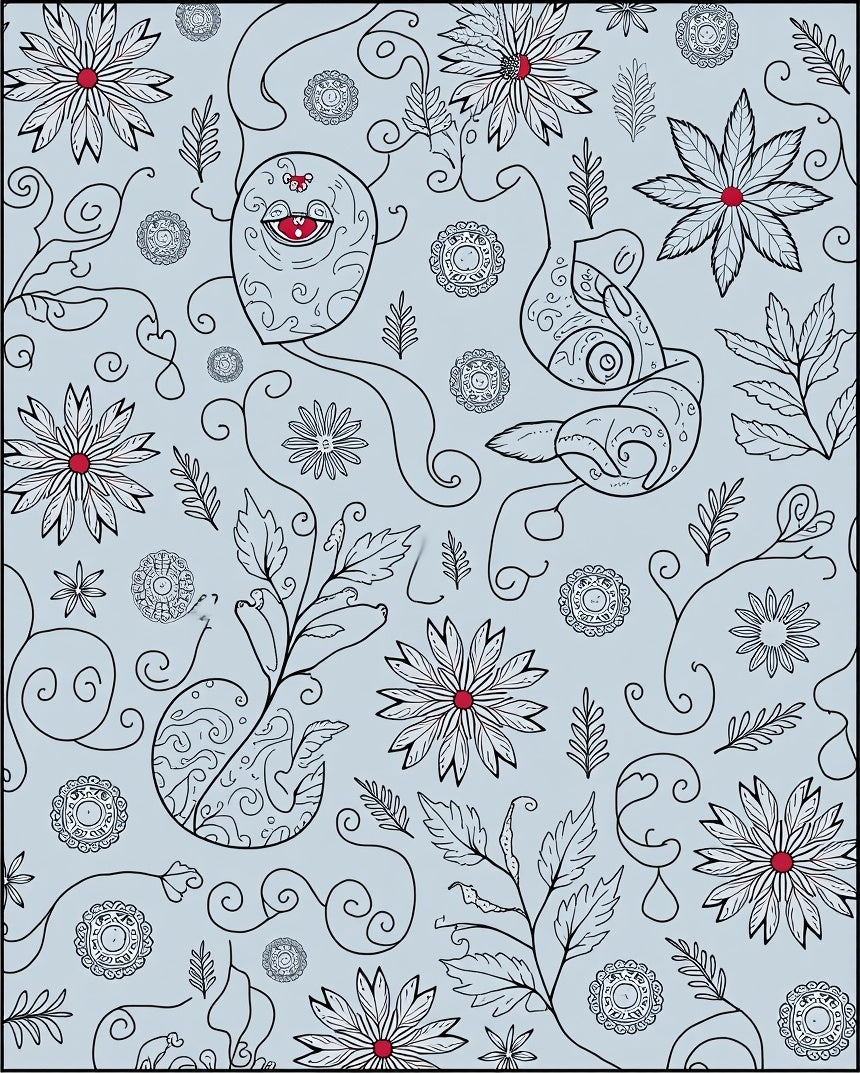 Whimsical Blue Floral Outline Doodle Rug
