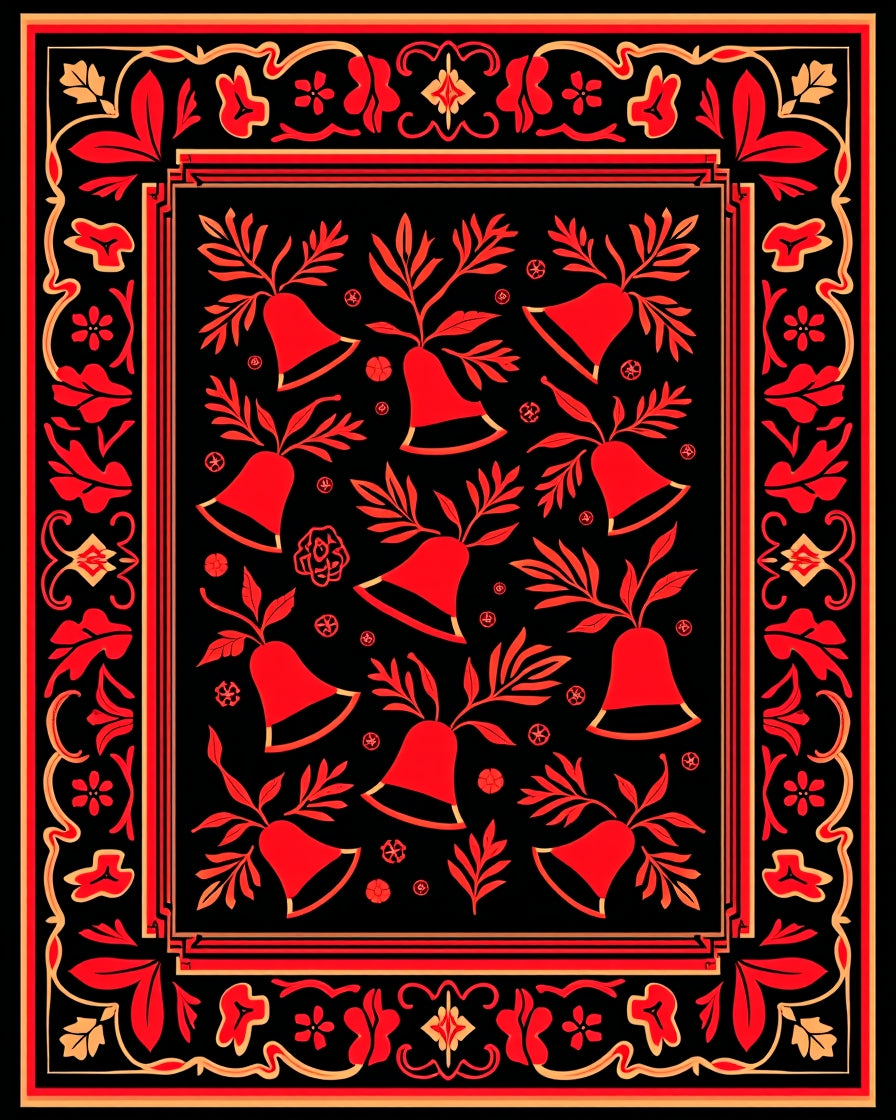 Khokhloma Red Bell Floral Border Rug