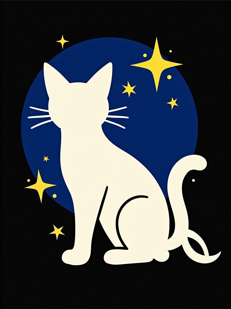Cream Cat Yellow Stars Blue Moon Rug
