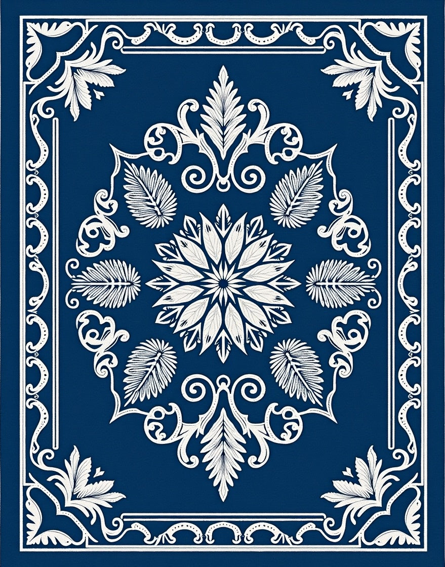 Deep Blue White Floral Medallion Frame Rug