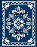 Deep Blue White Floral Medallion Frame Rug