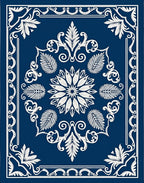 Deep Blue White Floral Medallion Frame Rug