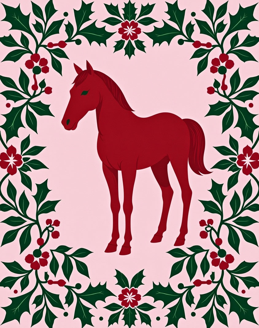 Crimson Horse With Holly Garland Rug
