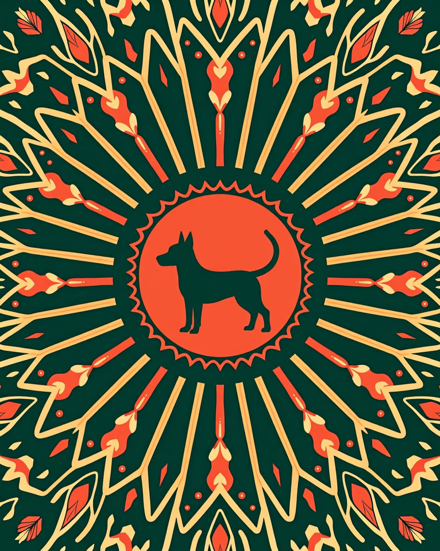 Green Orange Dog Sunburst Medallion Rug