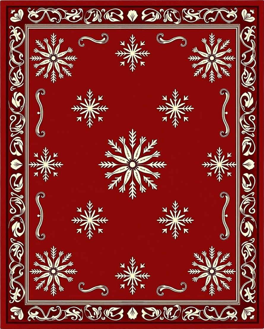 Crimson Snowflakes Ornate Border Rug