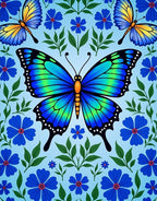 Blue Green Butterfly Garden Floral Rug