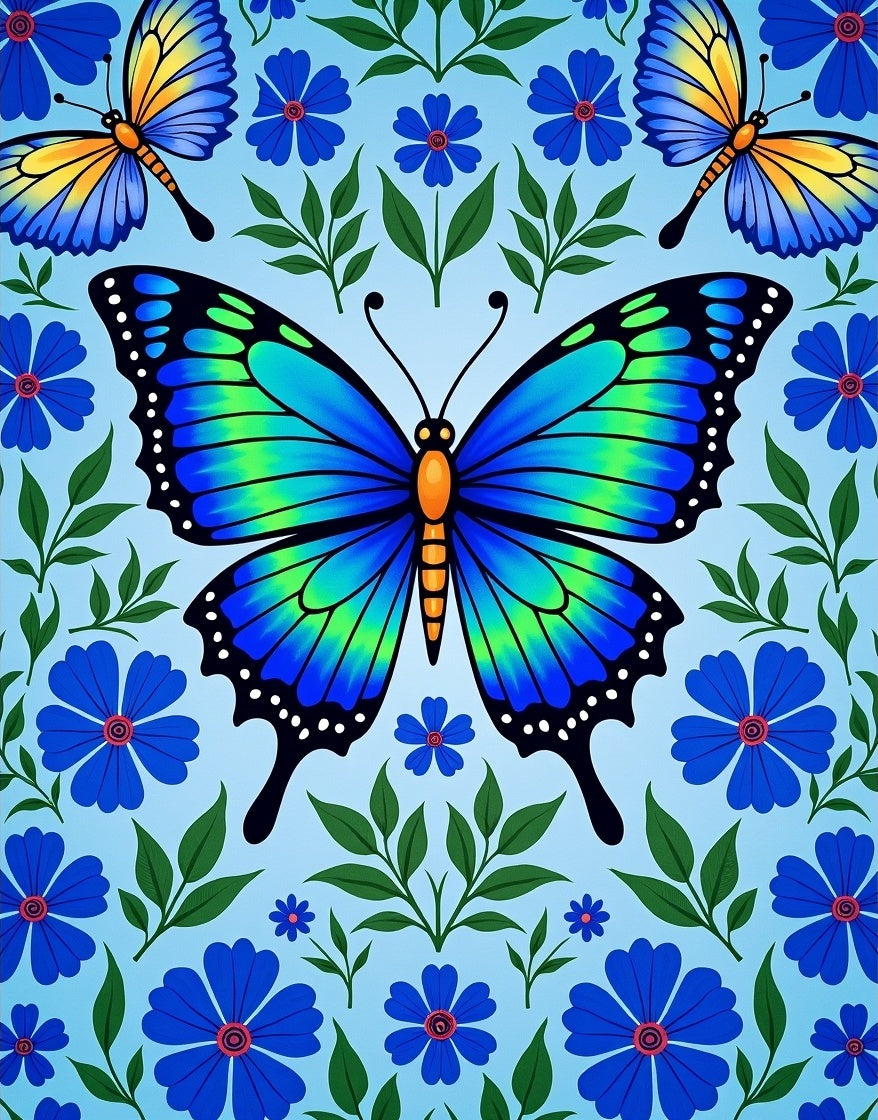 Blue Green Butterfly Garden Floral Rug
