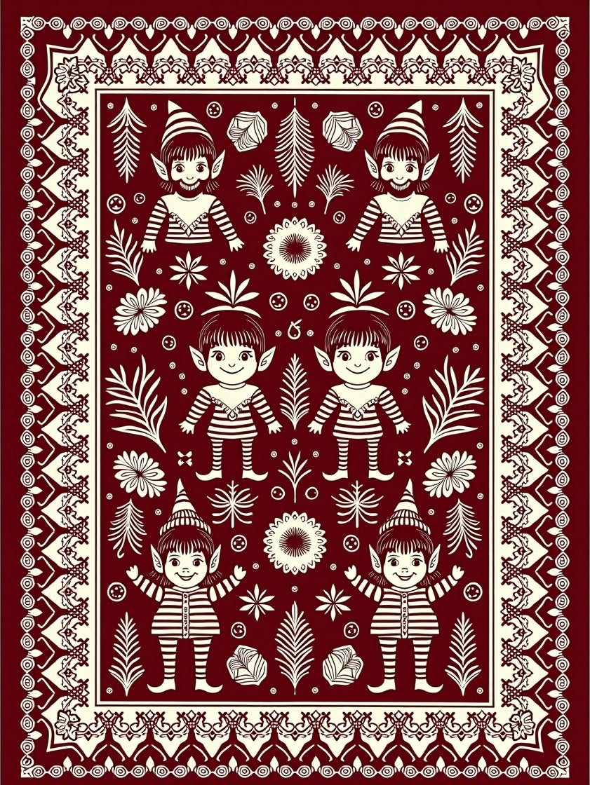 Charming Elf Bordered Deep Red Garden Rug