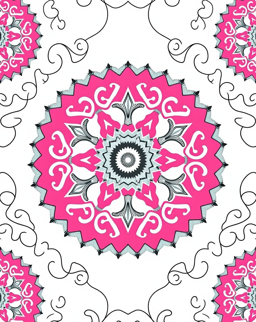 Radiant Pink Geometric Medallion Swirl Rug