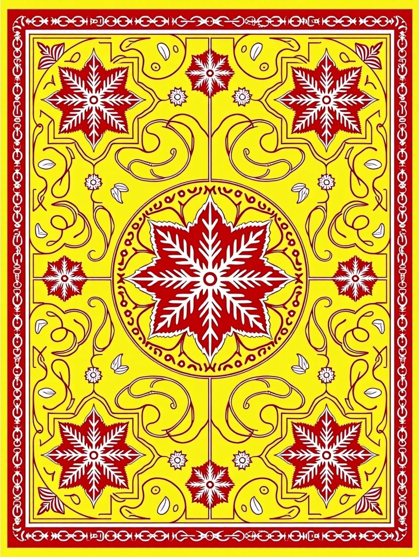 Vibrant Yellow Red Star Medallion Rug