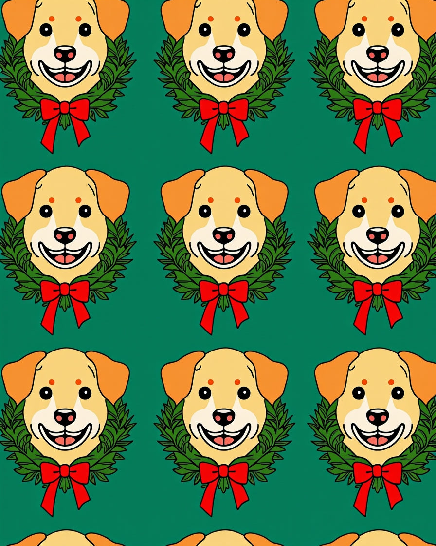 Golden Dog Wreath Red Bow Christmas Rug
